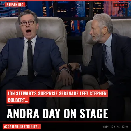 Jon Stewart surprises Stephen Colbert with a serenade from Andra Day
